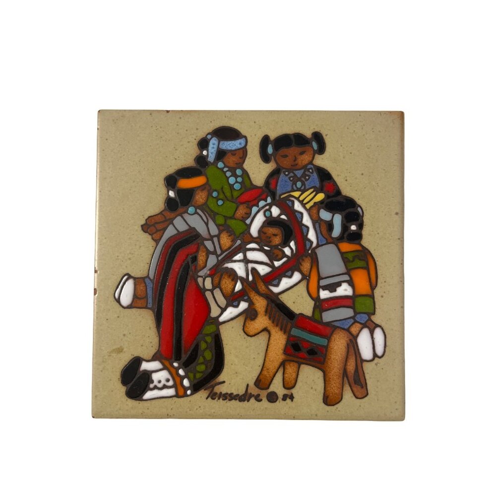 Cleo Teissedre Hand Painted Ceramic Tile Native Family Horse Southwest Art Trive